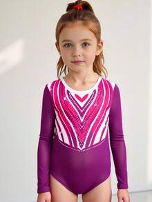Young Girls Heart Pattern Leotard, Professional Grading Training Competition Gymnastics Outfit, New Long Sleeve Style - Purple - View 3