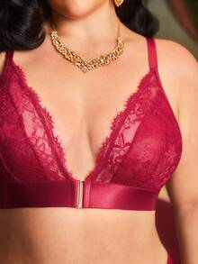 PinupPomp Front Closure, Lift & Enhance, Teardrop Cup, Lash Lace, Comfortable, Lace Patchwork, Retro, Romantic Plus Size Bra & Wireless Bra - Burgundy - View 2
