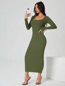 SHEIN PETITE 秋装纯色方领紧身黑色长袖连衣裙 - 軍綠色 - 查看 5