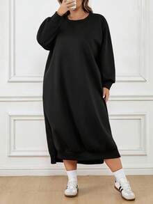 SHEIN CURVE+ Plus Size Women Loose Casual Long Fleece Hoodie Dress, Suitable For Halloween, Autumn/Winter/Autumn /Winter