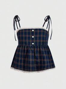 ROMWE Academia 休闲复古翻领纽扣格纹复古细肩带蕾丝花边女式吊带背心 - 黑色 - 查看 9