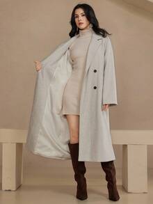 DAZY 女士优雅宽松长款大衣，秋冬款 - 杏色 - 查看 6