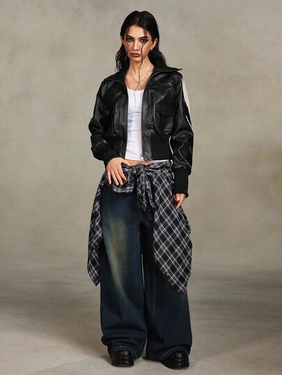 Grunge Punk Vintage Street-Style Distressed PU Biker Jacket For Women