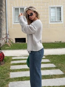 Jeta Ari Cardigan de punto con un botón, estilo Y2K de los 90, informal y lindo, oversize, para aeropuerto, vacaciones, otoño, vuelta al colegio, otoño, invierno y uso diario - Gris Claro - Ver 5