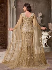 Aureia 加大码优雅浪漫香槟金奢华船领奢华串珠亮片亮片装饰网眼喇叭袖美人鱼下摆正式晚礼服 - 香檳色 - 查看 4