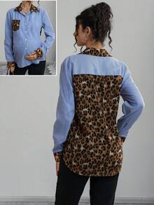 Momance Chemise de maternité à manches longues, col chemise, fermeture à boutons devant, patchwork léopard et rayé