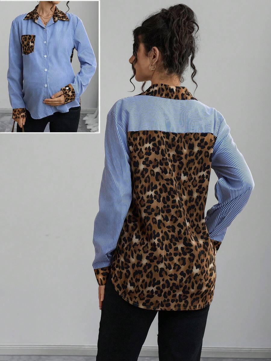 Momance Chemise de maternité à manches longues, col chemise, fermeture à boutons devant, patchwork léopard et rayé