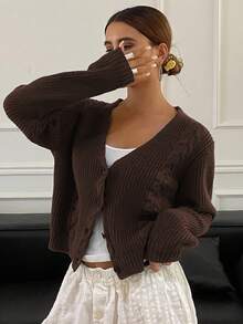 DAZY Nuevo cárdigan corto de punto con twist para mujer de otoño - Marrón - Ver 1