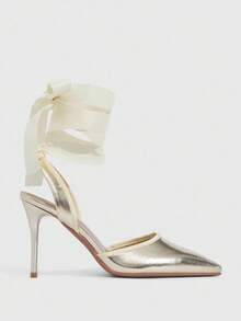 CUCCOO SZL Women's Fashion Pointed Toe Black Satin Ribbed Ribbon Tie Up Ankle Strap Suitable For Evening Party, Wedding, Stiletto High Heel Shoes - Gold - View 3