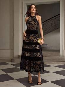 ZEYLAH Velvet & Lace Patchwork Cinching Waist Dress, Autumn/Winter - Black - View 6