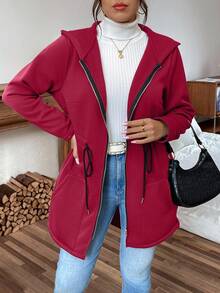 Calvaya Plus Size Women Casual Solid Color Zip-Up Long Sleeve Jacket - Red - View 4