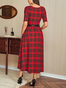 Vintamour Đầm nữ cổ điển thanh lịch, đầm kẻ caro ôm dáng với cổ vuông, tay lửng, thắt lưng, túi, đầm dài mùa hè/thu đông cho nữ, đầm nữ mùa thu đông, đầm Giáng sinh, đầm năm mới, quần áo năm mới cho nữ, đầm kẻ caro, đầm đỏ, đầm kẻ caro nữ, đầm kẻ caro đỏ có thắt lưng, đầm midi kẻ caro, đầm Giáng sinh. - Đỏ - Xem 2