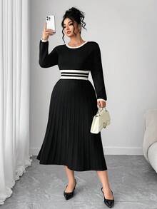 Elenzga Plus Size Women Fitted Elegant Sophisticated Color Block Striped Knit Dress - Black - View 6