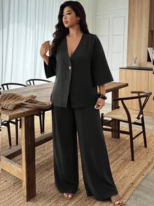 EMERY ROSE Plus Size Solid Color V-Neck Single-Breasted Jacket And Wide-Leg Pants 2 Pieces Set Fall - Black - View 7