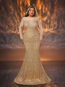 Glamrae Plus Size Elegant Champagne Color Mesh Applique Long Sleeve V-Neck High Waist Slimming Fishtail Formal Gown - Champagne - View 4