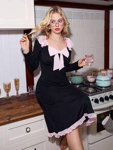 女士优雅网纱蝴蝶结荷叶边拼接露背系带长袖睡裙，冬季