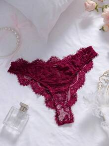 SHEIN 2pcs Women's Elegant Sexy Lace Lingerie Set - Burgundy - View 4