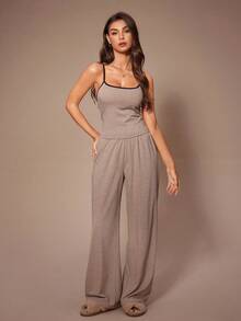 Lazeform 3pcs Women Casual Solid Color Fitted Long Sleeve Jacket, Camisole And Pants Loungewear Set, Cozy Outfit, Fall Clothes