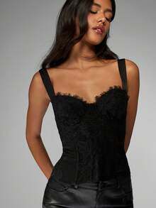 MISSGUIDED Black Lace Trim Corset Top With Sweetheart Neckline And Thick Straps For Evening Occasions - Black - View 6