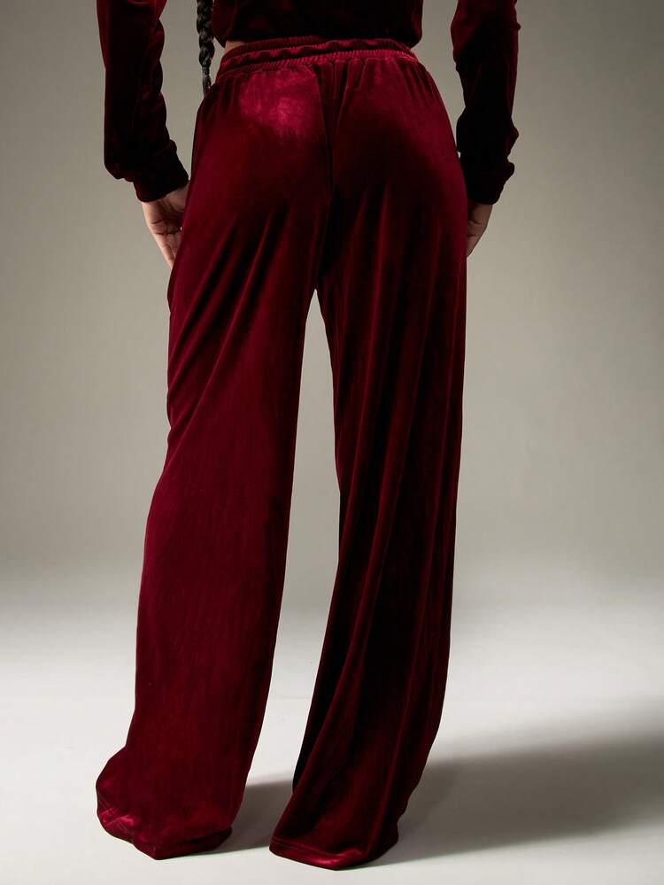 MISSGUIDED 고급스러운 벨벳 와이드 레그 팔라초 팬츠 겨울 홀리데이 파티 라운지 팬츠 이브닝 웨어 드로스트링 웨이스트 벨루어 트라우저