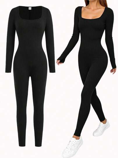 Girlism Teen Girls Elegant Casual Solid Black Long Sleeve Snug Fit U-Neck Jumpsuit Jumpsuit For Teens Teen Jumpsuit One Piece Jumpsuit Body Suit Ribbed Jumpsuit Fall Winter