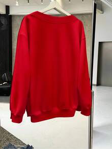 SHEIN EZwear Plus Size Women Casual Solid Color V-Neck Plus Size Loose Sweatshirt, Suitable For Halloween And Christmas In Fall/Winter - Red - View 2