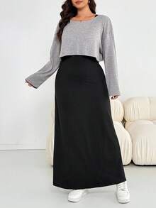 SHEIN Essnce Bộ đồ hai mảnh dành cho nữ cỡ lớn, phong cách thường ngày, rộng rãi, thoải mái, gồm áo croptop dài tay màu xám và áo vest dài màu đen, thích hợp mặc đi sân bay mùa xuân. - Màu Xám nhạt - Xem 6