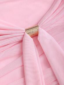 Sweetra Y2K Sexy Turtleneck Metal Buckle Pleated Backless Halter Mini Dress - Pink - View 4