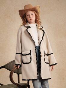 Tween Girls' Elegant French Style Lapel Ruffle Hem Long Overcoat With Large Pockets, Suitable For Daily Commute, Autumn/Winter Fall