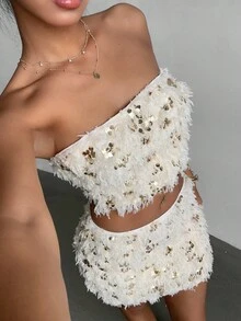 Aloruh Women's Fall/Winter Elegant Sexy Low Waist Sequin & Faux Fur Mini Skirt,Party,Club,Feather Mini Skirt Top,Sequin Skirt,Party Skirt ,Party Outfit,Thanksgiving Outfit For Women