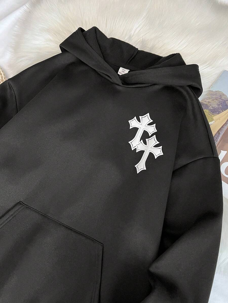 SHEIN 少女深灰色卫衣,口袋设计,百搭休闲,适合上学、十字、万圣节、哥特等场合,秋冬季日常穿着。 - 深灰色 - 查看 1