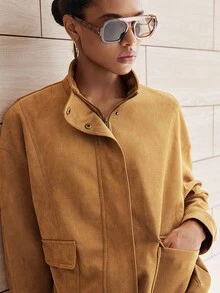 SHEIN LUNE 女士优雅立领抽绳下摆外套 棕色 - 棕色 - 查看 5