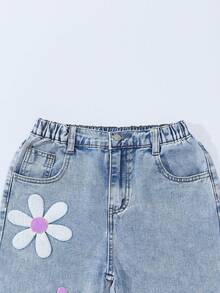 SHEIN ChillGRL Tween Girls' Fashion Washed Floral Flocking Wide Leg Jeans, Suitable For Autumn/Winter Casual Outings, School, Commute, Parties, Home, Vacation, Back To School Season Y2k 90s - Light Wash - View 3