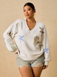 SHEIN VCAY Suéter de punto informal con temática oceánica, talla grande, otoño/invierno - Blanco - Ver 1