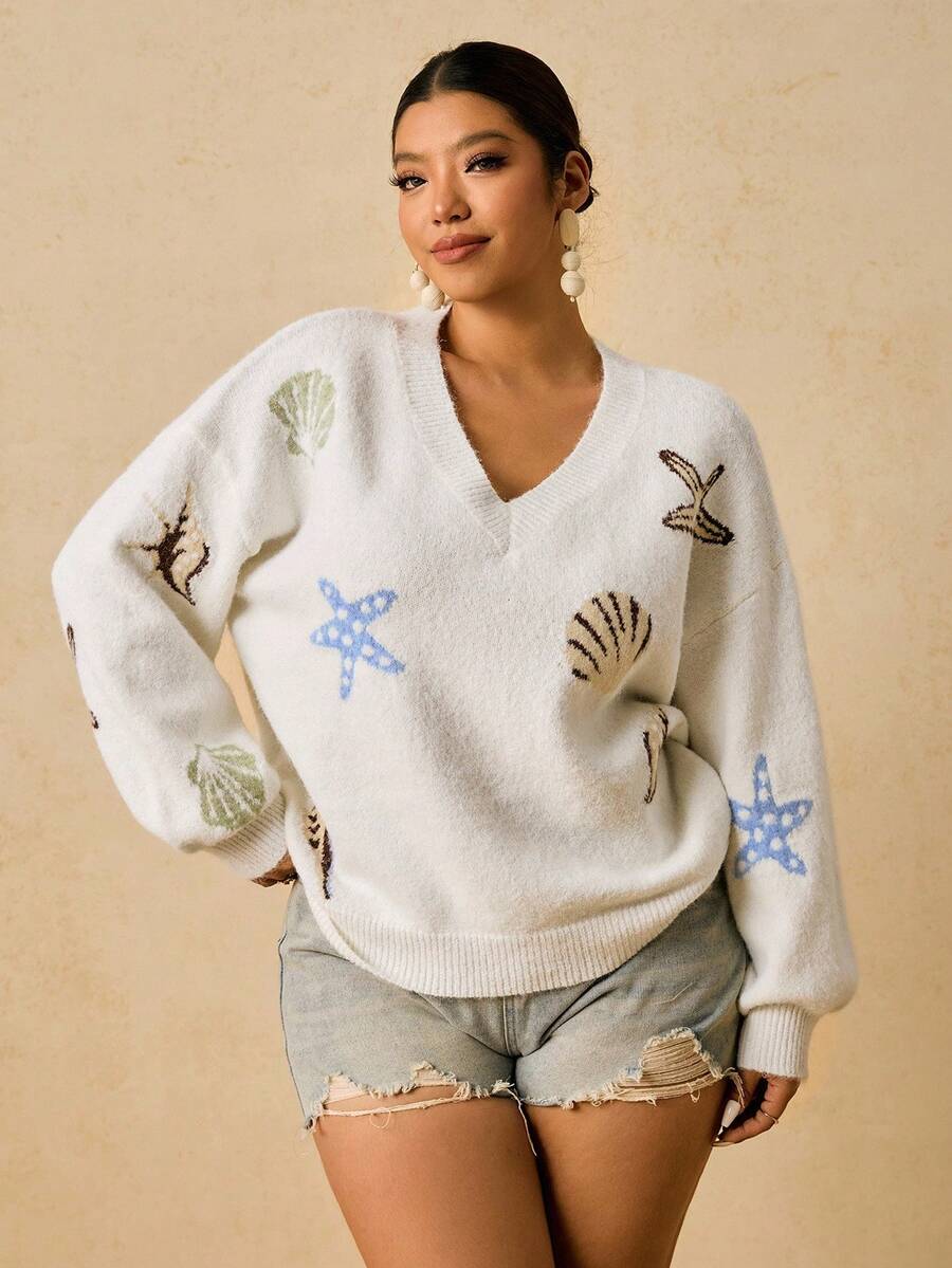 SHEIN VCAY Suéter de punto informal con temática oceánica, talla grande, otoño/invierno - Blanco - Ver 1