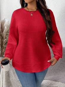 SHEIN LUNE 秋季大码休闲纯色圆领落肩纹理运动衫 - 紅色 - 查看 5