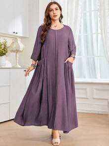 SHEIN Najma 女式宽松圆领 3/4 袖加大码口袋仿亚麻舒适休闲日常加大码阿拉伯连衣裙