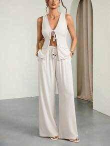 SHEIN Tall 2件套简约纯色亚麻露背串珠套装（吊带背心和阔腿裤），适合工作、派对、休闲、正式场合 - 米色 - 查看 4