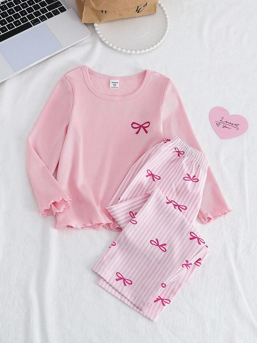 Genkimix Kids 女童蝴蝶结字母印花粉色长袖上衣和蝴蝶条纹印花裤两件套睡衣套装 - 粉色 - 查看 1