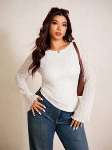Elaquor Women Plus Size Asymmetric Hem Solid Color Long Sleeve T-Shirt, Minimalist Spring - White - View 3