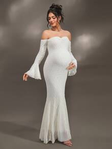 Cheriluna Maternity Vestido de maternidade com manga comprida e ombro de fora, justo, de chiffon e renda, adequado para festa de Natal, festa elegante, chá de bebê