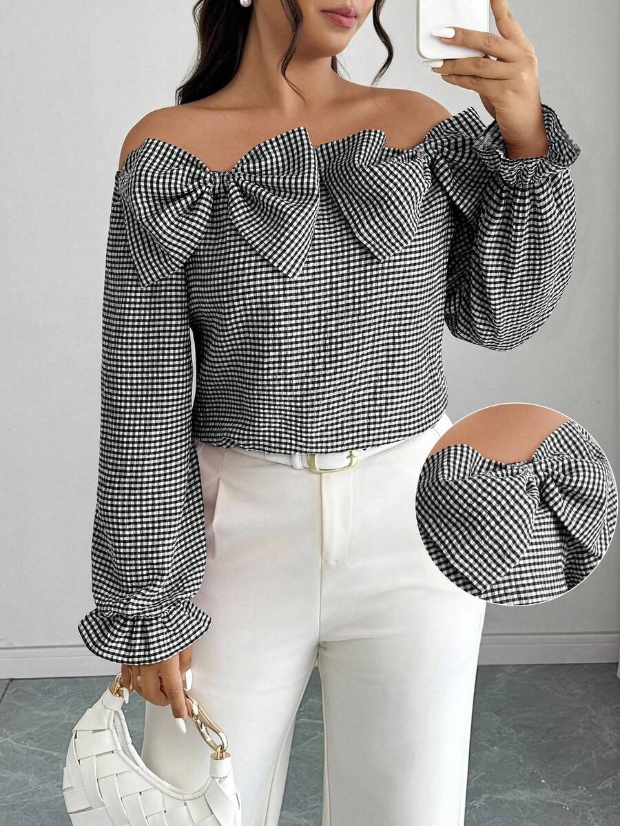 Elenzga Plus Size Casual Commuter Plaid Off Shoulder Bow Decor Shirt