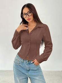 SHEIN PETITE Áo sơ mi dài tay cơ bản, giản dị, có cạp chun - màu nâu - Xem 5
