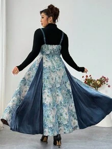 Elenzga Ärmelloses Kleid in Große Größen für Damen, dickgewebtes Kleid mit blauem Samt-Patchwork, 3D Blumen-Ausschnitt-Design, taillierend, A-Linie Silhouette, elegant & anspruchsvoll, vielseitig für Ausflüge und Nachmittagstee, Midi-Länge, Herbst/Winter - Verschiedenfarbig - Übersicht 2