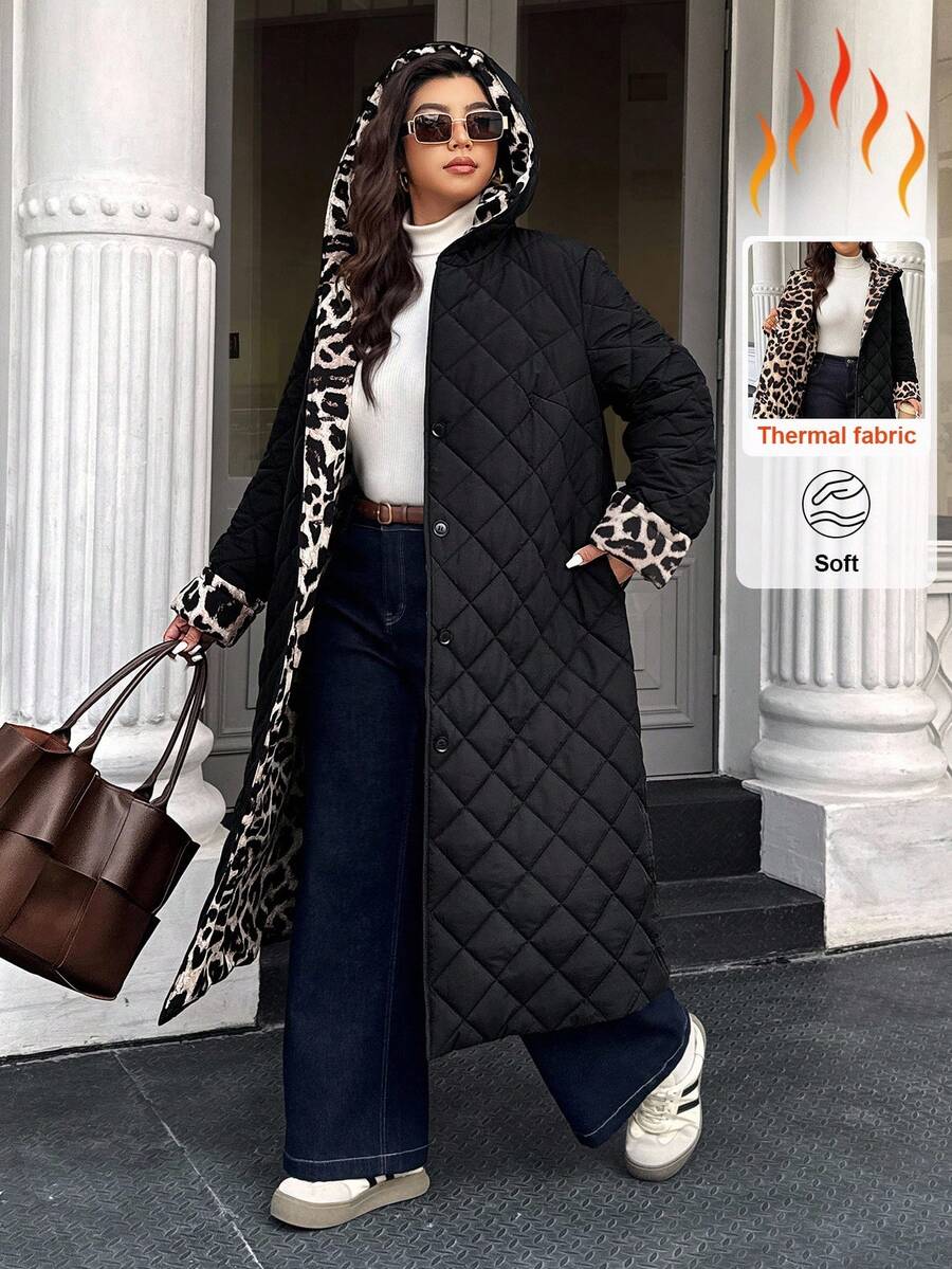 Women's Contrast Leopard Print Hooded Cinched Waist Mid-Length Padded Coat - Black - View 1