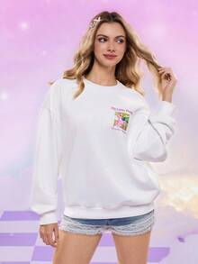 My Little Pony X SHEIN 字母与卡通图案圆领长袖套头衫 - 白色 - 查看 2