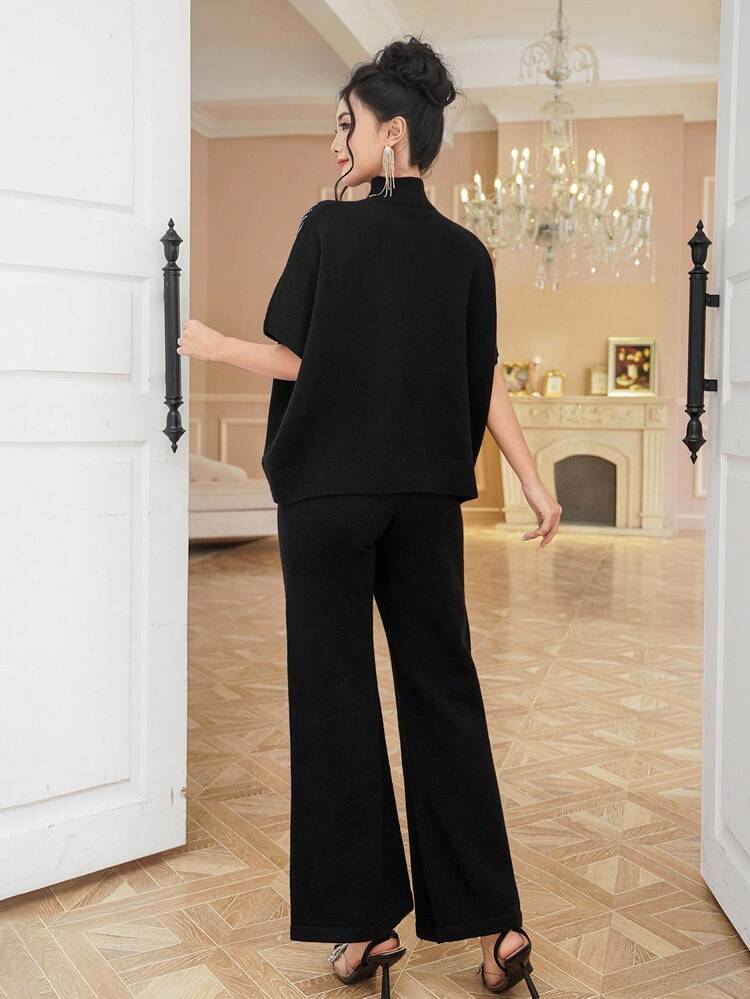 2pcs Women's Casual Rhinestone Embellished Turtleneck 3/4 Sleeve Sweater And Pants Set, Autumn