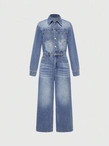 ROMWE Grunge Punk Women's Front Button Long Sleeve Pockets Casual Denim Jumpsuit - Blue - View 5