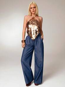 Avantive Women's Blue Autumn Casual Occasion Denim 2pcs Outfit,Single-Breasted Washed Top Coat & Low Rise Baggy Wide Leg Straight Jeans Set,Western Streetwear - Blue - View 8