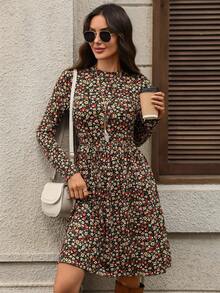 EMERY ROSE Robe courte décontractée à manches longues et col rond avec imprimé tout-sur-tout pour femmes - Multicolore - Voir 3